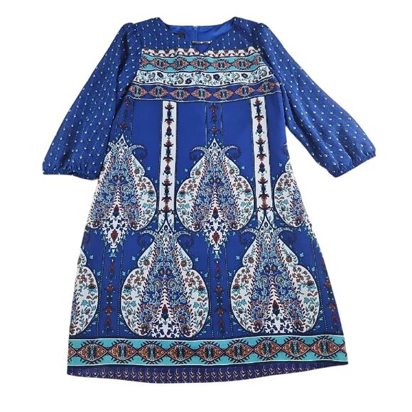Ally B Blue Boho Paisley Print Dress Women’s Size 14 3/4 Sleeve Lined Shift Chic - Picture 2 of 10